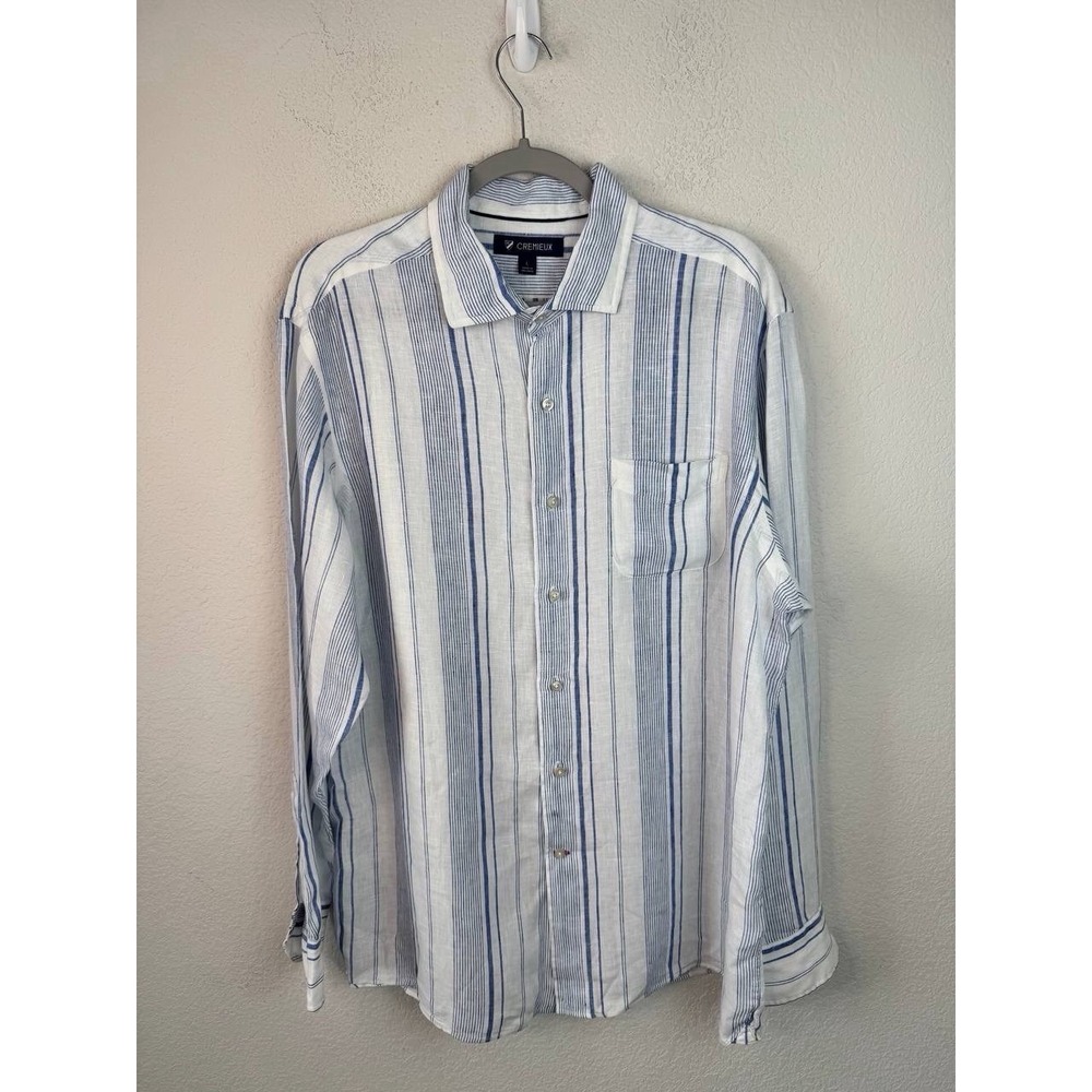 Cremieux 100% Linen‎ Shirt Mens L Blue White Stripe Button Front Coastal Resort